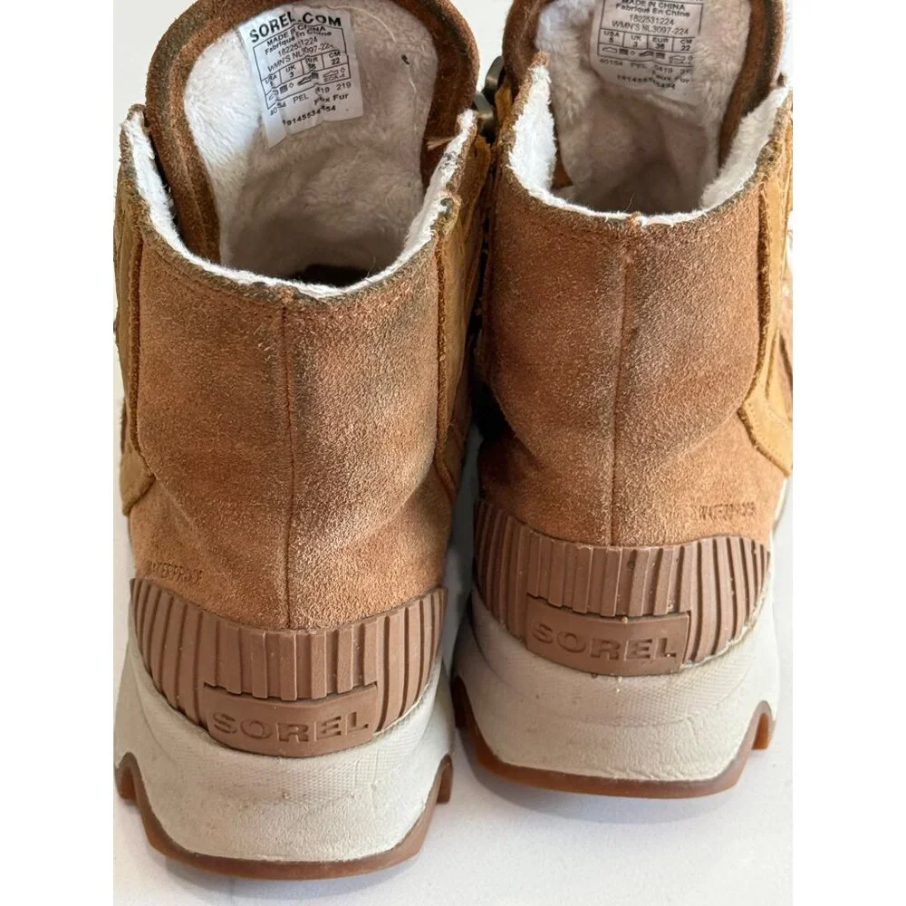 Sorel‎ Womens Kinetic Leather Ankle Boots Fur Lining Rubber Size 5 Brown Suede